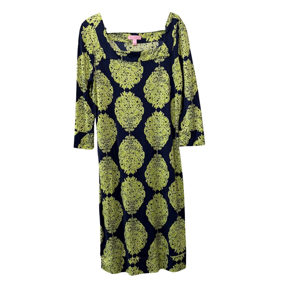 Lilly Pulitzer Sik Sheath Dress Women 10 Navy Blue Lime Green Medallions Resort